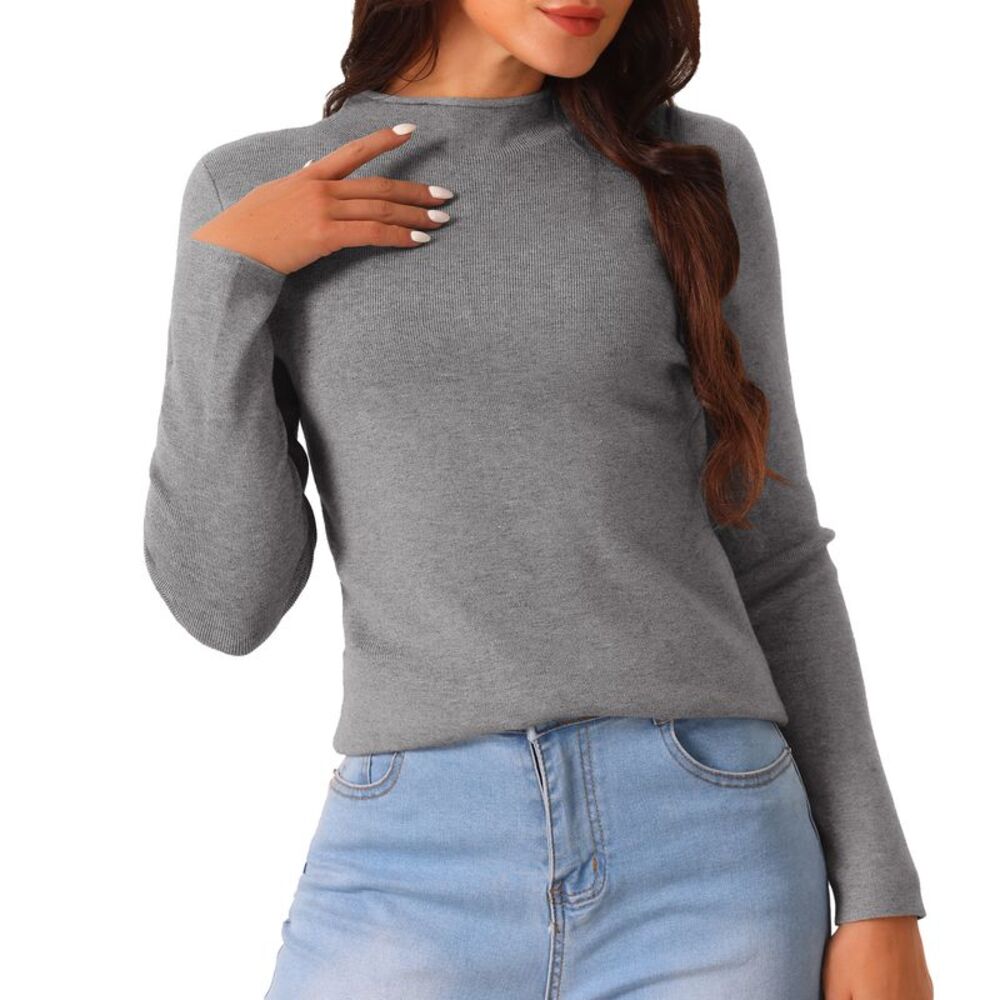 Fall Winter Long Sleeve Ribbed Knit Slim Fit Pullover Sweater Top Grey